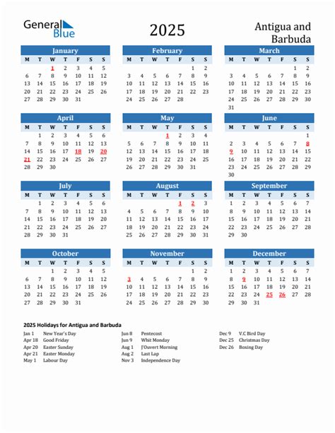 2025 Printable Calendar With Antigua And Barbuda Holidays