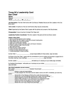 Fillable Online Troop 94 S Leadership Card Den Chief Troop 94 Wading