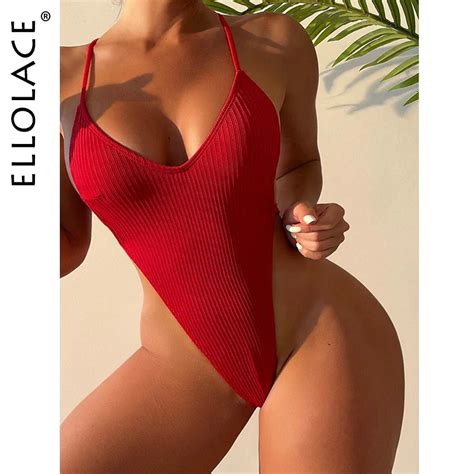 Billionm Ellolace One Piece Thong Swimsuit High Cut Backless Monokini Solid Whole Swimwear