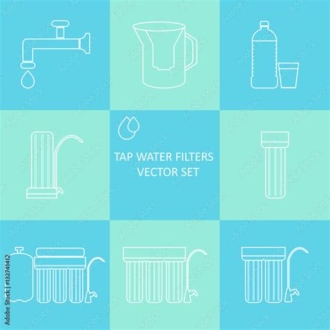 Outline Tap Water Filter Icon Set Drink And Home Water Purification Filters Different Tap