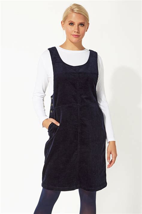 Button Corduroy Pinafore Dress In Navy Roman Originals Uk