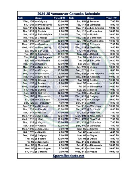 2024 25 Vancouver Canucks Schedule Printable PDF Format Sports Brackets