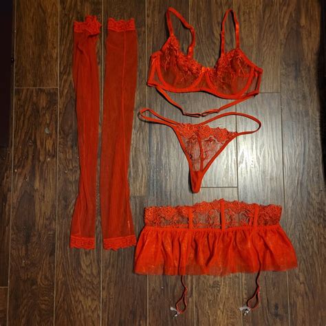 Red Lace Lingerie Set Bra Panty Skirt Tights Etsy