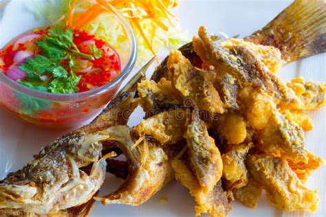 Deep Fried Whole Sea Perch With Fish Sauce Stock Photo Image Of