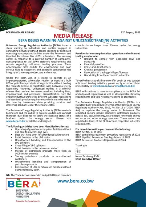 Botswana - Press Release BERA Issues Warning Against Unlicensed Trading