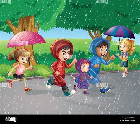 Children Running In The Rain Illustration Stock Vector Image And Art Alamy