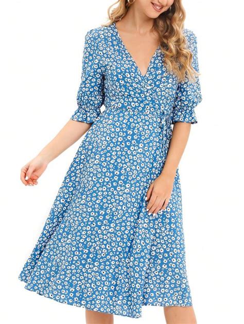 Ditsy Floral Print Flounce Sleeve Knot Side Wrap Dress SHEIN USA