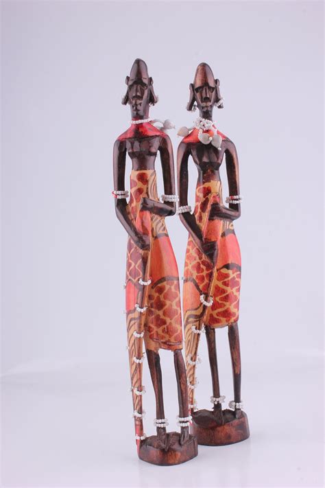 A Pair Of Handmaded Wooden Masai Figurines From Kenya Maasai Also