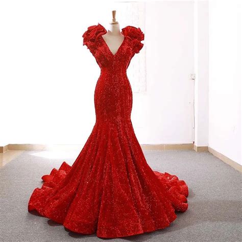 Red Glitter Long Mermaid Evening Dresses Prom Gown New Sequin Formal