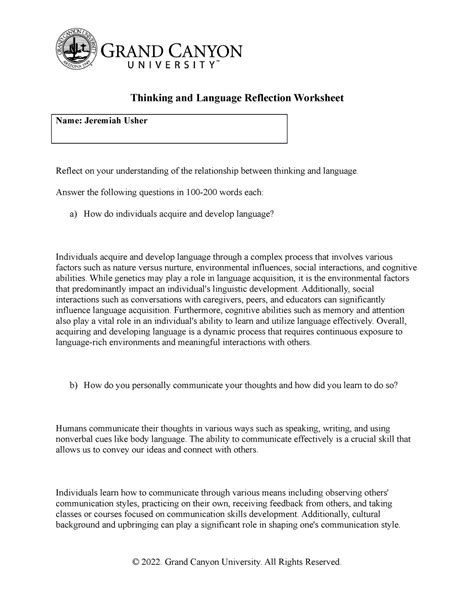 PHI105 T5 Thinkingand Language Reflection Worksheet 1 Thinking And