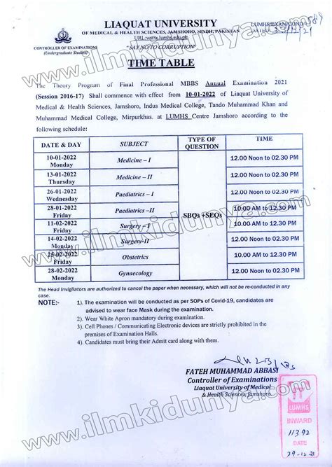 Liaquat University Of Medical And Health Sciences Lumhs Mbbs Date Sheet