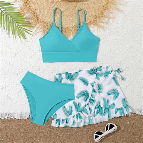 Teen Period Swimwear Girls Piece Set Floral Print Bikini Swimsuit With Drawstring Beach Skirt