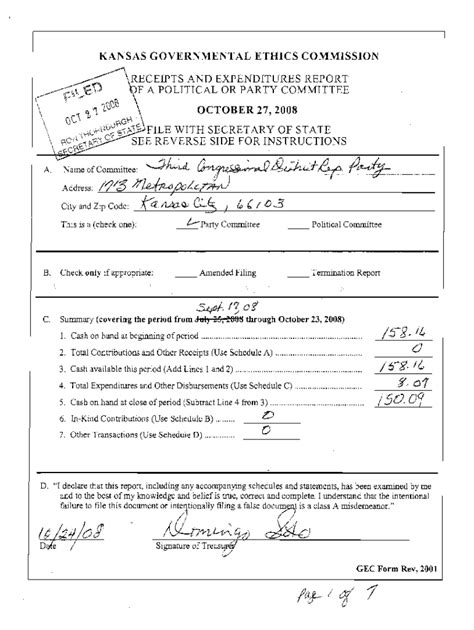 Fillable Online Ethics Ks Receipts And Expenditures Report F Ecemd