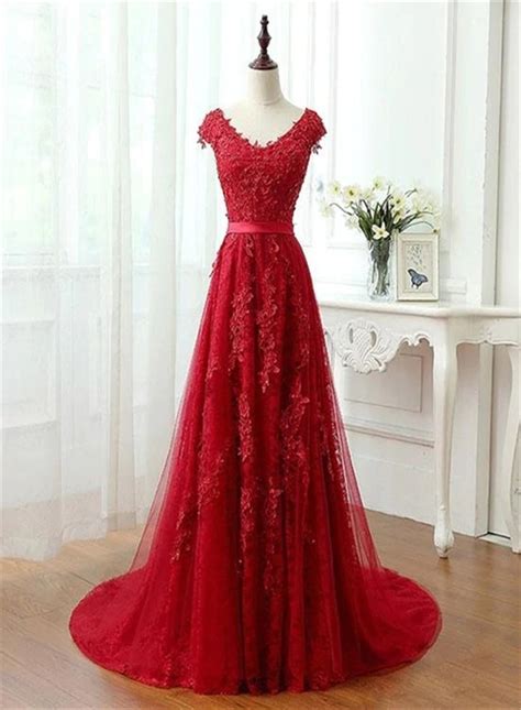 Hand Made Custom Red Tulle A Line Long Prom Dress With Lace Applique