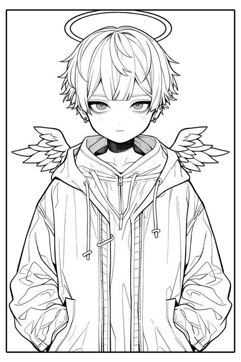 an anime character with angel wings on his head, wearing a jacket and ...