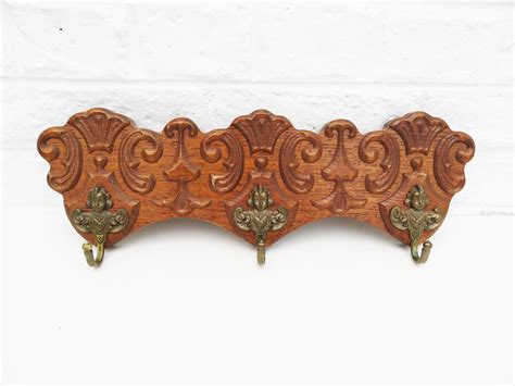 Vintage Carved Wood Wall Hanging Coat Rack Angel Hook Cherub Brass Hook Dutch Coat Rack Country