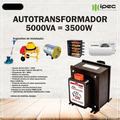 Transformador 5000VA Tomada Preto Bivolt Ipec Ventilanet