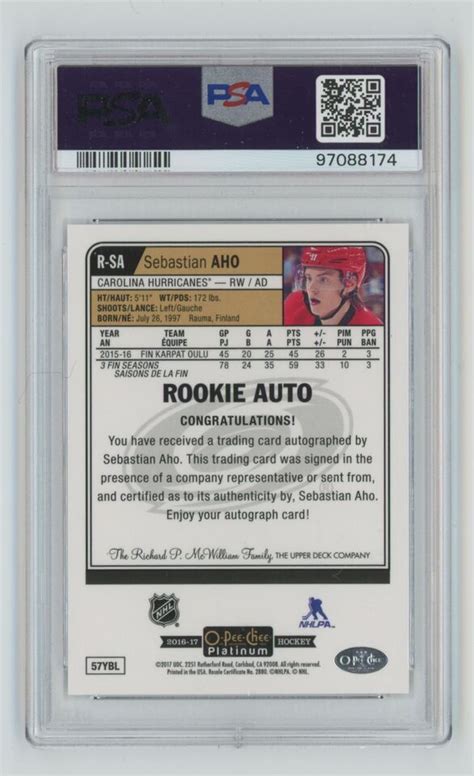 2016 17 O Pee Chee Platinum Rookie Autographs Sebastian Aho RC Auto PSA