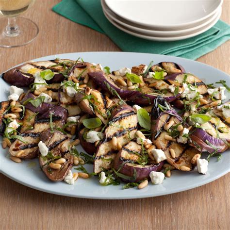 Grilled Eggplant And Goat Cheese Salad Recipe Cheese Salad Goat Cheese Salad Pine Nuts Salad