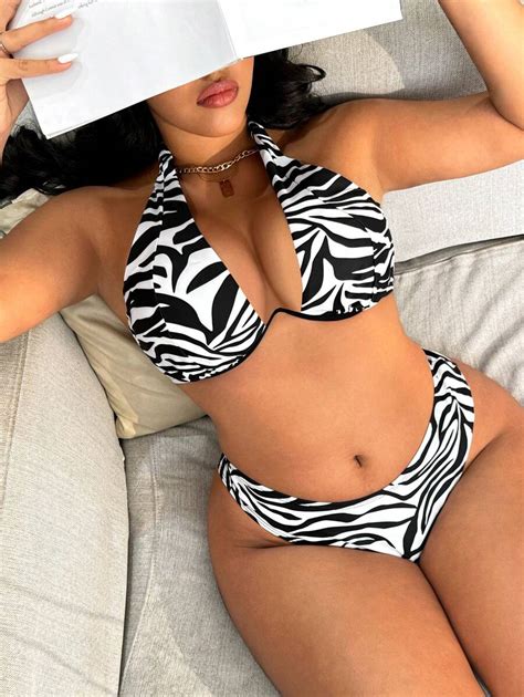Swim SXY Women Plus Size Zebra Print Halter Tie Sexy Bikini Set Summer Beach Swimwear SHEIN USA