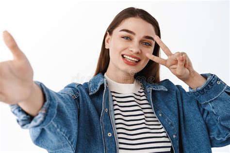 Close Up Portrait Fo Woman Taking Selfie Stretch Out Hand To Hold