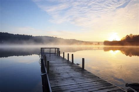 A Serene Lake Scene At Sunrise With A Wooden Jetty Leading Out Onto