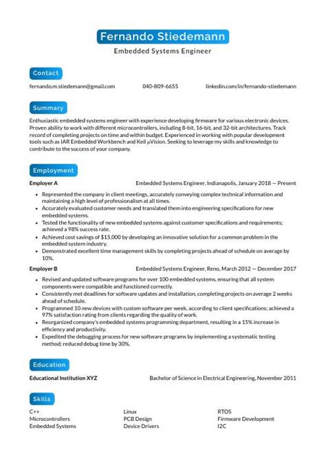 Embedded Systems Engineer Resume (CV) Example and Writing Guide