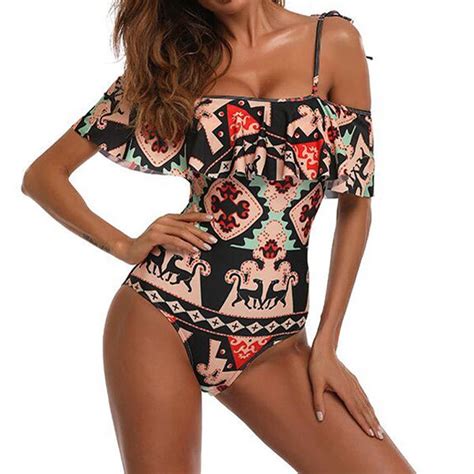 Womens Bikini Sexy Ruffle Off The Shoulder Swimsuit Bandage Push Up Padded Swimwear Swimsuit