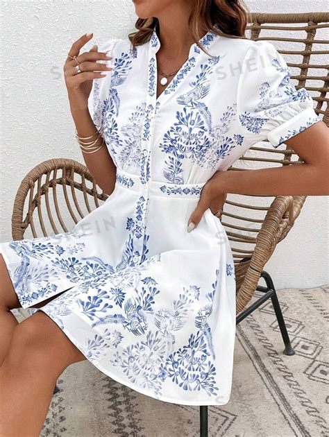 Shein Vcay Summer Woman Blue White Floral Print Puff Sleeves Button