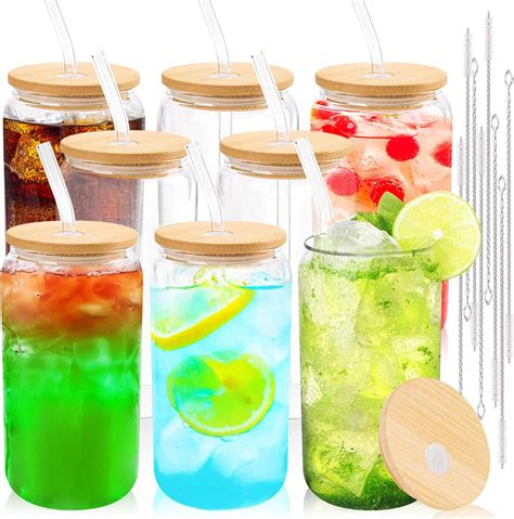 8 Pcs Drinking Glasses With Bamboo Lids And Glass Straw 16 Oz Can Shaped Glass