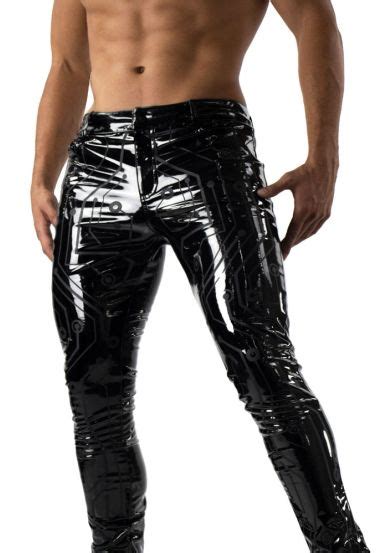 Black Vinyl Pants Men Futuristic Graphic Pants