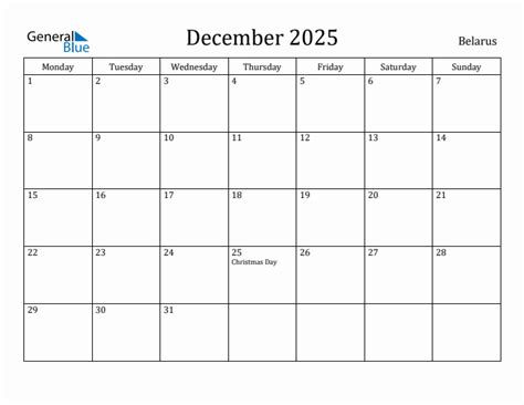 December 2025 - Belarus Monthly Calendar with Holidays