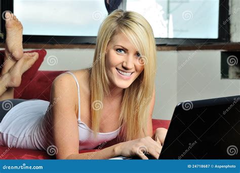 Beautiful Blonde Woman Working On Laptop Stock Image Image Of Smile Girl 24718687