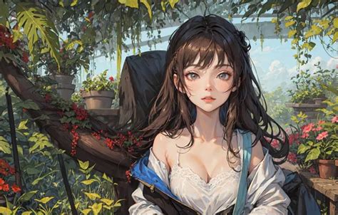 Обои cleavage flowers leaves garden women brunette plants gray eyes на телефон и рабочий