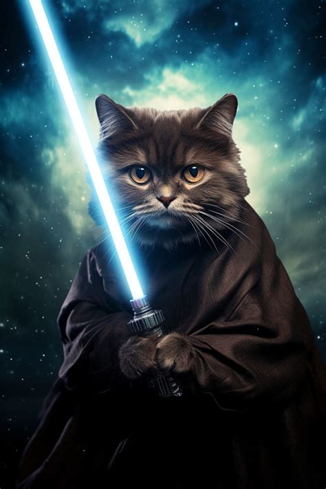 Artwork Photography Of A Jedi Cat Wearing A Blue Laser Sword In The