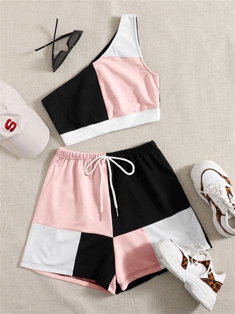 Shein Ezwear Conjunto Top De Color Combinado De Un Hombro Con Shorts