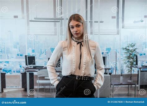 Beautiful Blonde Business Woman In A White Blouse In Office Building Stock Photo Image Of