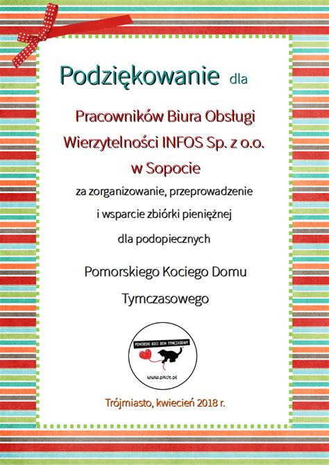 Podziękowanie za wsparcie dla Pracowników BOW INFOS Sp zoo PKDT