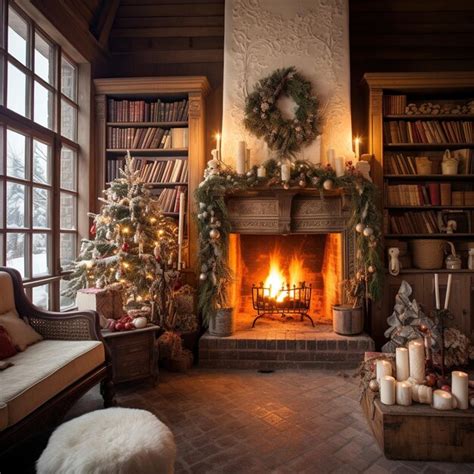 Premium Photo | Christmas Decorated Country House with Fireplace