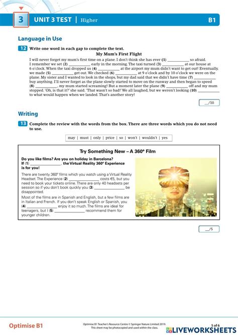 Optimise B1 - test Unit 3 online exercise for | Live Worksheets