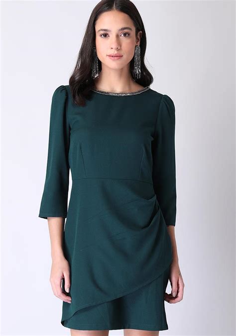 Buy Women Bottle Green Embellished Neck Bodycon Dress Drs04585 All