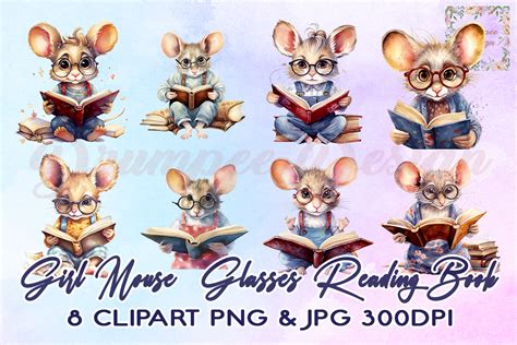 Girl Mouse Glasses Reading Book Clipart Graphic By Drumpee Design