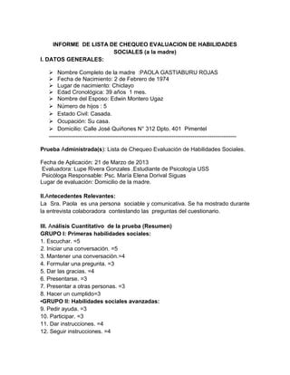 Informe de Lista de Chequeo evaluación de habilidades sociales PDF