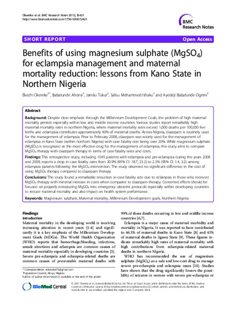 Pdf Benefits Of Using Magnesium Sulphate Mgso4 For Eclampsia