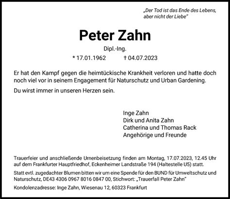 Traueranzeigen Von Peter Zahn Trauer Rheinmain De