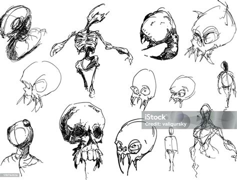 Many Hand Drawn Sketches Skulls Nad Scary Horror Creatures And Beasts ...