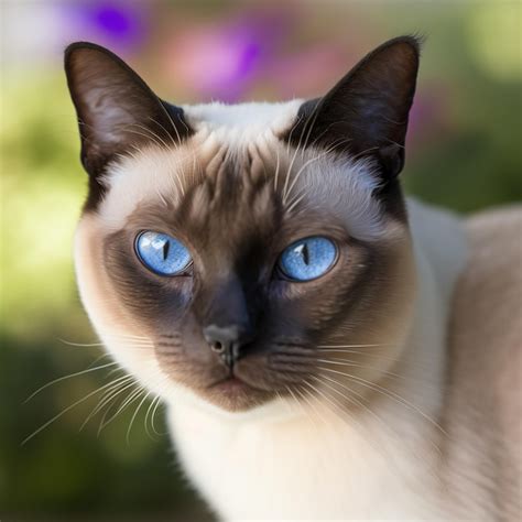 Um gato de olhos azuis está sentado em frente a um fundo florido