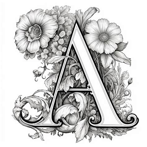 Premium Photo A Black And White Drawing Of A Letter With Flowers And