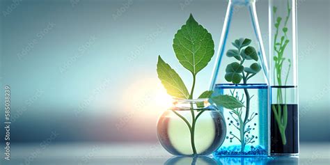 Laboratory glassware with green plant on blue background. Science and ...