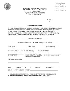 Fillable Online Plymouth Ma Cori Request Form Plymouth Plymouth Ma